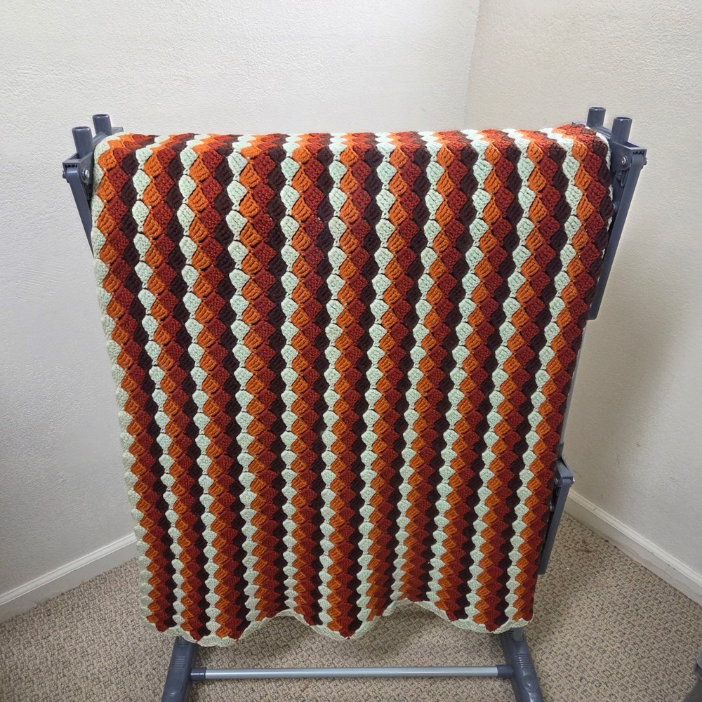 Vtg Wool Handmade Crochet Afghan Blanket 78x64 Orange Brown Rust 70s Retro MCM